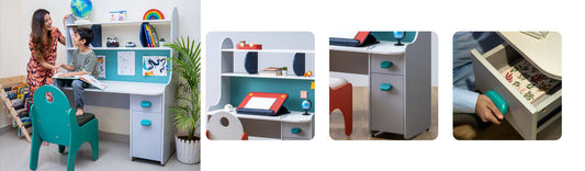 study tables with a bookshelf